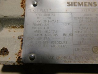 image for: Siemens Electric Motor 40/10 HP, 326T / 324T Fr, 460V, 1770/885 RPM Premium Eff.